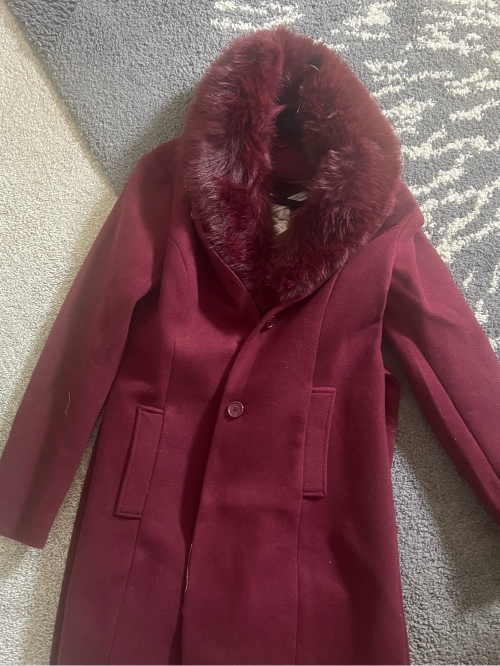 Guess Burgundy Wool Trench Coat with Faux Fur Collar